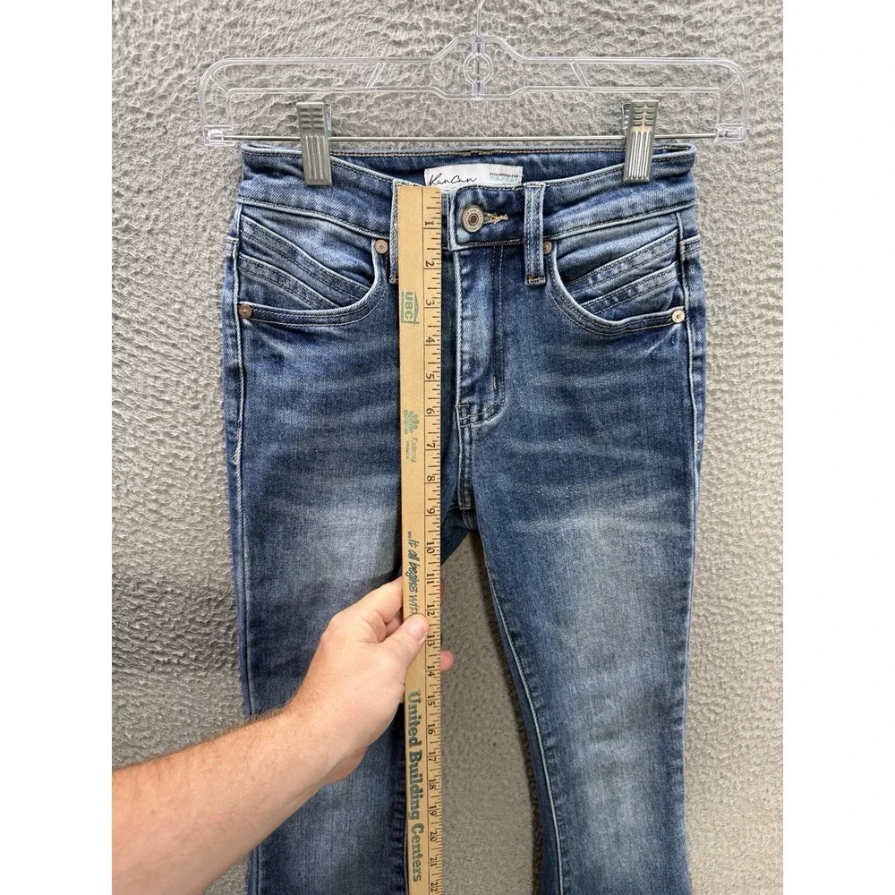 Kancan Jeans Girls 23 Blue‎ Flare High Rise Back Seam Raw Hem Distressed Denim